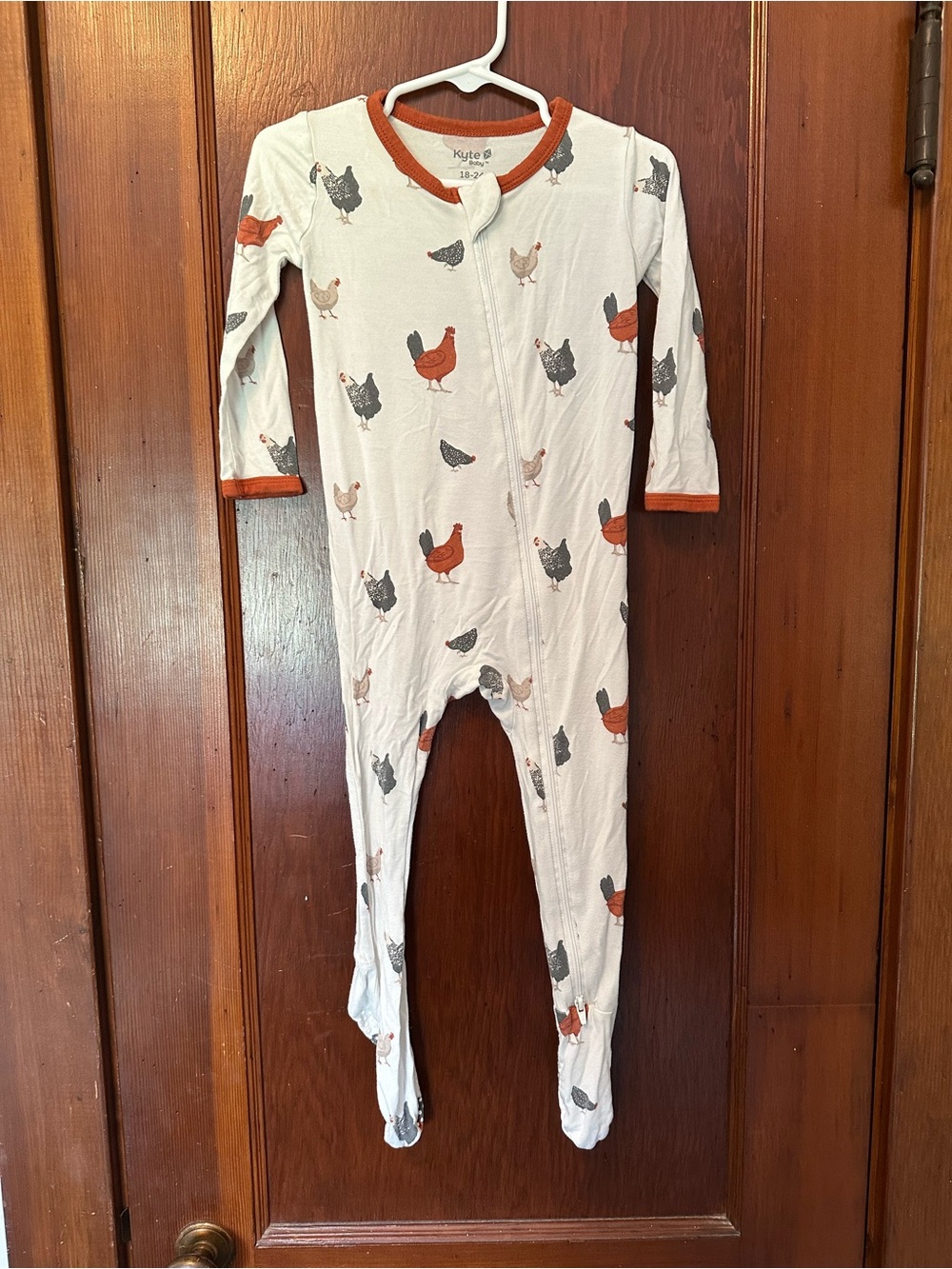 Kyte BABY White One-Piece Footie with Rust & Gray Chicken Print